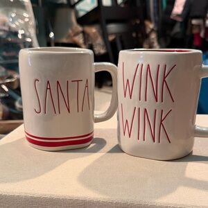 Rae Dunn White Ceramic 'SANTA' & 'WINK WINK' Mugs with Red Lettering